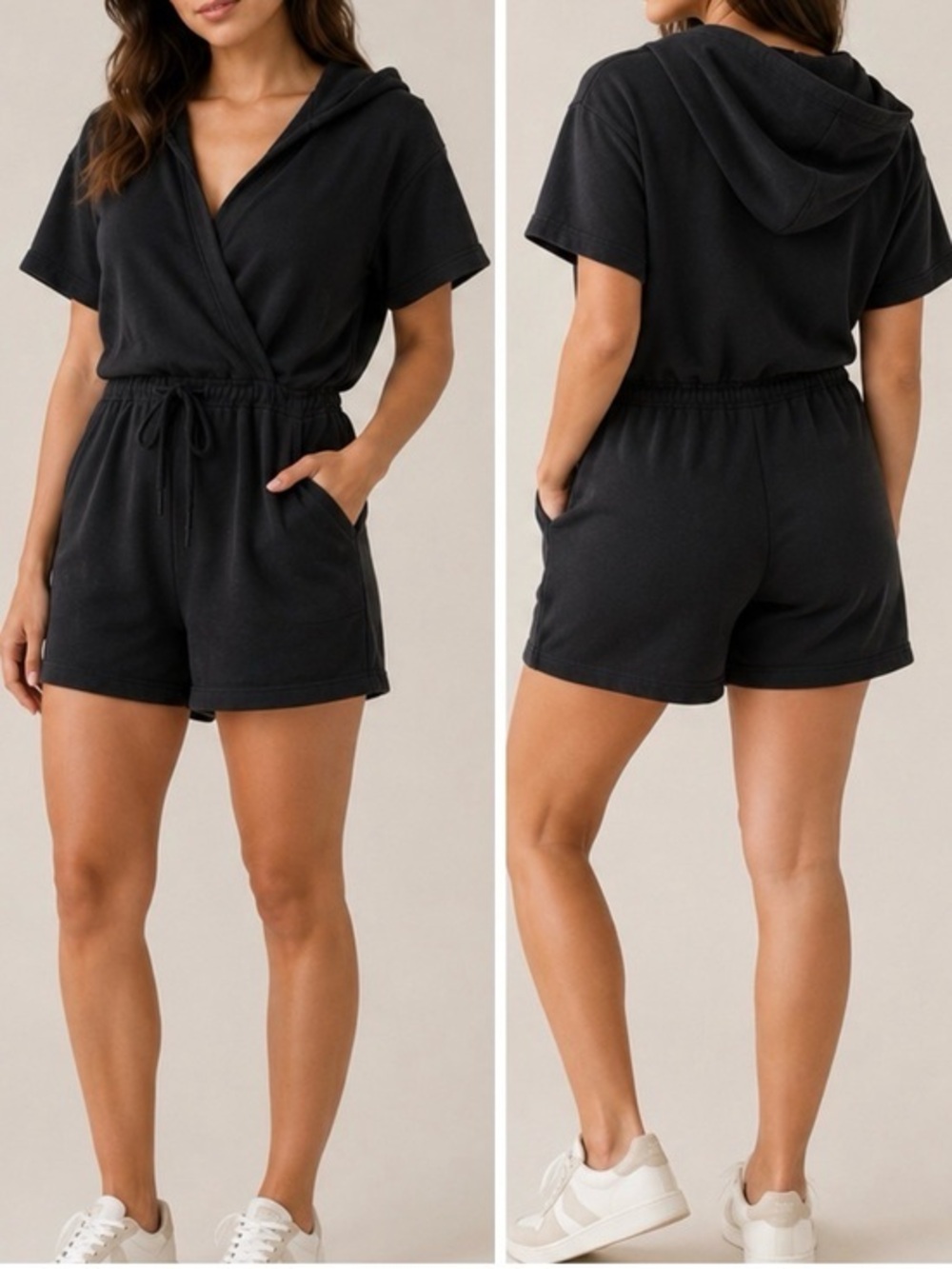 Nama Enlighten Black Fleece Cozy Lounge Travel Jumpsuit Romper Hoodie